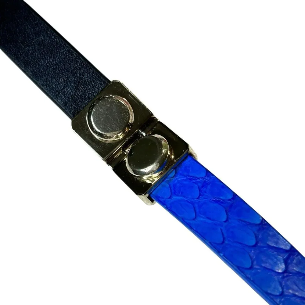J.Crew Skinny Leather Belt Blue Black Hinge Details Sz Large Accent Preppy EUC - Picture 8 of 12